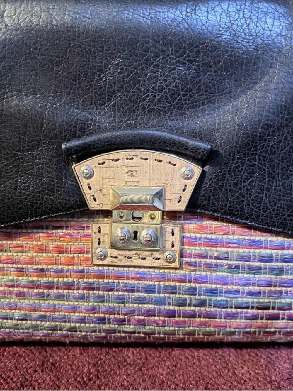 Black Leather Top-Handle Women’s Bag with Multicolor Trim